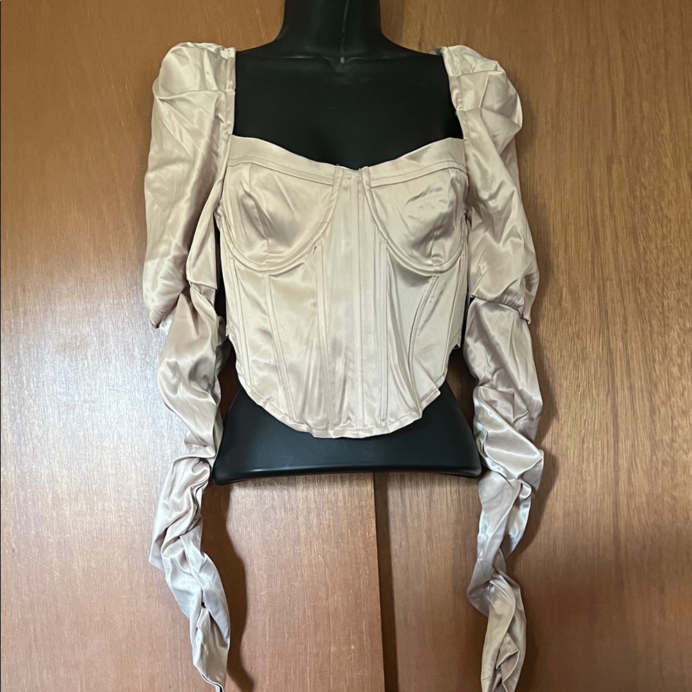 AKIRA Blush Satin Corset Crop Top with Ruched Puff Sleeves
